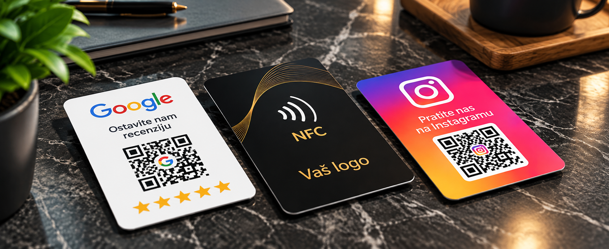 Primeri Google recenzije, NFC i Instagram kartica sa štampom